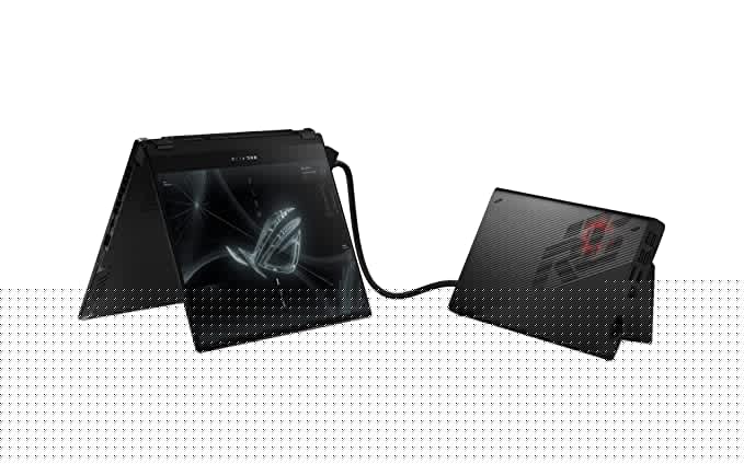 ASUS ROG Flow X13 (2022) with RX 6850M XT eGPU, 13.4" (34.03 cm) UHD+ Touch, Ryzen 7 6800HS, 4GB RTX 3050 Ti Graphics, 2-in-1 Gaming Laptop (32GB/1TB SSD/Win 11/Office/Black/1.3 Kg), GV301RE-LI200WS