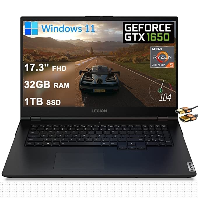 Lenovo Legion 5 17 Gaming Laptop 17.3" FHD IPS Display AMD Hexa-Core Ryzen 5 5600H (Beats i5-10400H) 32GB RAM 1TB SSD GeForce GTX 1650 4GB Backlit USB-C Nahimic Win11 + HDMI Cable