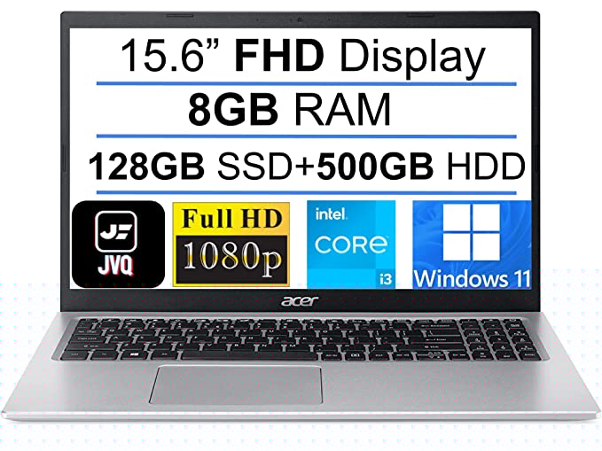 Acer 2022 Newest Aspire 5 Slim 15.6" FHD Laptop, 11th Gen Intel Core i3-1115G4(Up to 4.1GHz,Beat i5-7200U), 8GB DDR4 RAM, 128GB SSD+500GB HDD, WiFi 6, USB-C, Webcam, HDMI, Windows 11S+JVQ MP