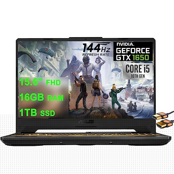 ASUS Flagship TUF F15 Gaming Laptop 15.6? FHD 144Hz Display 10th Gen Intel Quad-Core i5-10300H (Beats i7-8750H) 16GB RAM 1TB SSD GeForce GTX 1650 4GB Backlit USB-C WiFi6 Win10 + HDMI Cable