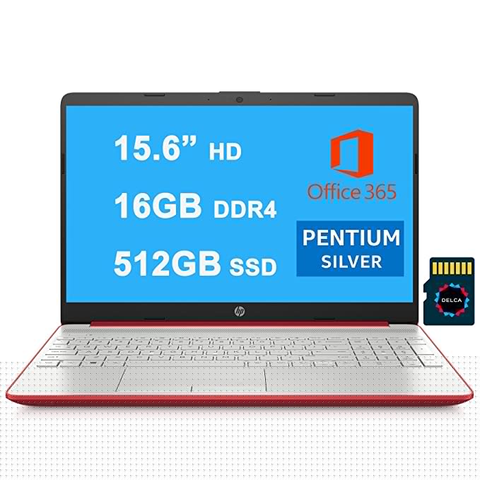 HP Notebook 15 Premium Business Laptop I 15.6? HD SVA Display I Intel Quad-Core Pentium Silver N5000 Processor I 16GB DDR4 512GB SSD I USB-C HDMI Bluetooth Webcam Win10 Red + 32GB MicroSD Card