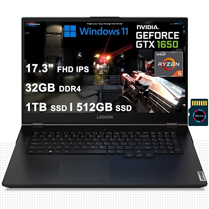 Lenovo Legion 5 17 Premium Gaming Laptop I 17.3" FHD IPS I AMD 6-Core Ryzen 5 5600H(>i5-10400H) I 32GB DDR4 1TB SSD + 512GB SSD I GeForce GTX 1650 4GB I Backlit USB-C WiFi6 Win11 + 32GB MicroSD Card