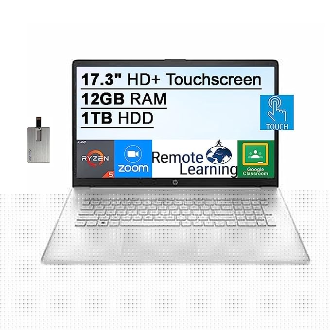 2021 HP 17.3" HD+ Touchscreen Laptop Computer, AMD Ryzen 5-5500U(6-core) Processor, 12GB DDR4 RAM, 1TB HDD, AMD Radeon Graphics, HD Audio, HD Webcam, Numeric Keypad, HDMI, Win10, Silver, 32GB USB Card