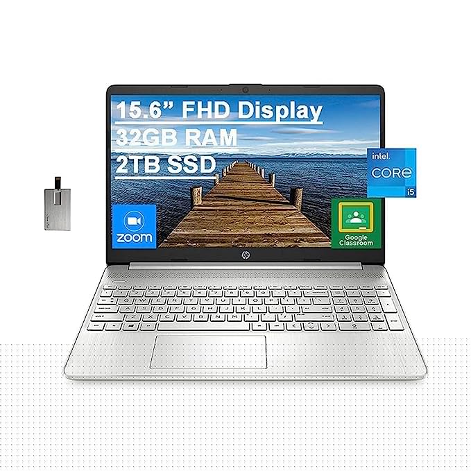 2022 HP 15.6" FHD Laptop Computer, 11th Gen Intel Core i5-1135G7(Beats Intel i7-1065G7), 32GB RAM, 2TGB PCIe SSD, Intel Iris X Graphics, HD Webcam, HDMI, Bluetooth, Win10, Silver, 32GB USB Card