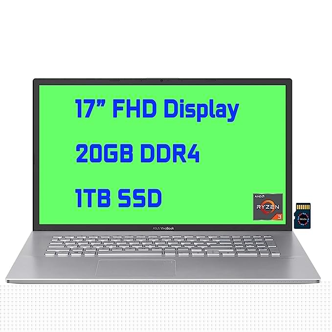 2021 Asus VivoBook 17 Premium Business Laptop I 17? FHD Display I AMD Ryzen 3 3250U Processor I 20GB DDR4 1TB SSD I AMD Radeon Graphic I USB-C HDMI SonicMaster Win10 + Delca 32GB Micro SD Card