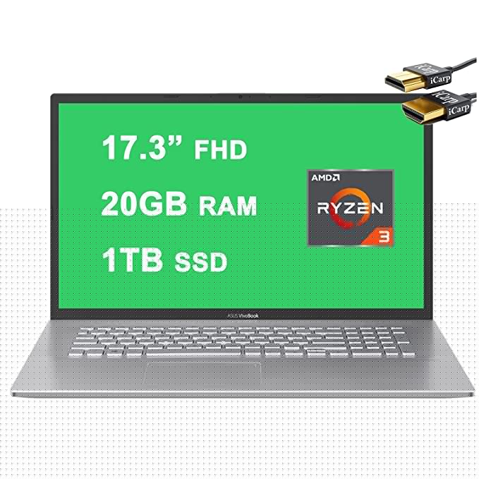 2021 Flagship Asus VivoBook 17 Business Laptop 17.3? FHD Display AMD Ryzen 3 3250U Processor 20GB RAM 1TB SSD USB-C HDMI SonicMaster Win10 + iCarp Wireless Mouse