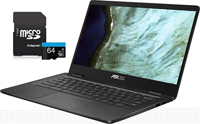 2020 Newest ASUS Chromebook Laptop, 14" HD LED-Backlit Screen, Intel Celeron N3350 Processor, 4GB Memory, 32GB eMMC SSD, Wi-Fi, Bluetooth, Webcam, Online Class, Chrome OS, KKE 64GB MicroSD Card, Grey