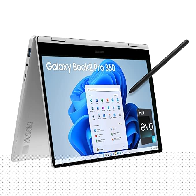 Samsung Galaxy Book2 Pro 360 Intel 12th Gen i7 EvoTM 33.78 cm (13.3") Touchscreen 2-in-1 AMOLED Thin & Light Laptop (16 GB/512 GB SSD/Windows 11/MS Office/with S Pen/Silver/1.04Kg), NP930QED-KB2IN
