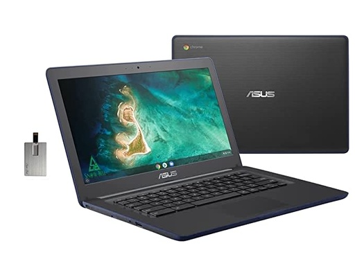 ASUS 2022 C403 Chromebook 14" HD Laptop, Intel Celeron N3350 Processor, 4GB RAM, 32GB eMMC Flash Memory, Intel HD Graphics 500, HD Webcam, Stereo Speakers, Chrome OS, Dark Blue, 128GB USB Card
