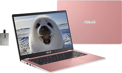 2022 ASUS 14" HD Laptop, Intel Celeron N4020 Processor, 4GB RAM, 64GB eMMC , Webcam, Intel HD Graphics 500, Bluetooth, Windows 11 S, Rose Gold, 128GB SnowBell USB Card