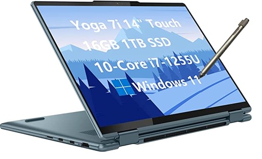 2022 Lenovo Yoga 7i 14" (2240x1400) 2-in-1 Touchscreen (Intel 10-Core i7-1255U, 16GB LPDDR5 RAM, 1TB PCIe SSD, Active Stylus) Business Laptop, Thunderbolt 4, Backlit, Fingerprint, Windows 11 Home