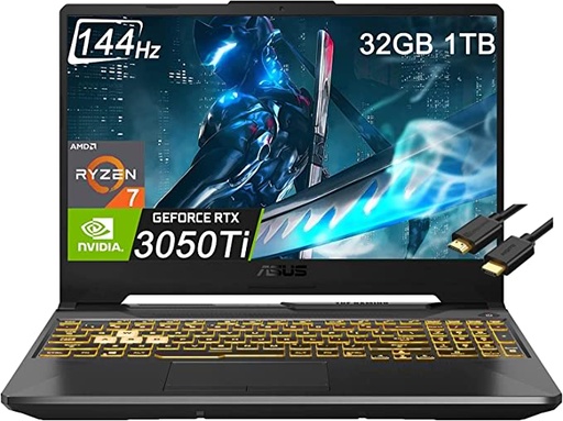 2022 ASUS TUF Gaming A15 15.6" FHD 144Hz (32GB RAM, 1TB PCIe SSD, AMD 8-Core Ryzen 7 4800H (Beat i7-10750H), RTX 3050 Ti) Gaming Laptop, RGB Backlit, Type-C, Wi-Fi 6, HDMI Cable, Win 11 Home