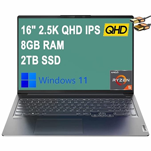 Lenovo Ideapad 5 Pro 16 Laptop 16" 2.5K QHD IPS Display (100% sRGB) AMD Hexa-Core Ryzen 5 5600H (Beats i7-9750H) 8GB RAM 2TB SSD Backlit Keyboard Dolby Atmos Win11 Grey + HDMI Cable