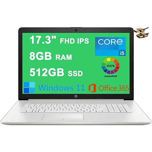 HP 17 Business Laptop 17.3" FHD IPS (300 nits, 100% sRGB) 11th Gen Intel Quad-Core i5-1135G7 (Beats i7-1065G7) 8GB RAM 512GB SSD Intel Iris Xe Graphics Office365 Win11 Silver + HDMI Cable