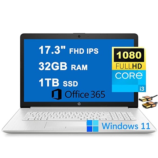 HP Flagship 17 Business Laptop Computer 17.3" FHD IPS Display (100% sRGB, 300 nits) 11th Gen Intel Core i3-1115G4 (Beats i5-8265U) 32GB RAM 1TB SSD Office365 SuperSpeed USB Win11 Silver + HDMI Cable