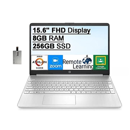 2021 HP 15.6" FHD Laptop Computer, AMD Athlon Silver 3050U Processor, 8GB DDR4 RAM, 256GB SSD, AMD Radeon Graphics, HD Webcam, HDMI, 1-Year Microsoft 365, Windows 10S, Silver, 32GB SnowBell USB Card