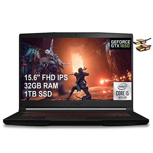 MSI GF63 Thin 15 Gaming Laptop 15.6" FHD IPS Display 10th Gen Intel Quad-Core i5-10300H (Beats i7-8750H) 32GB RAM 1TB SSD GeForce GTX 1650 4GB Backlit Win10 Black + HDMI Cable