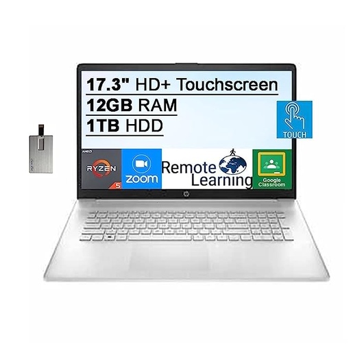 2021 HP 17.3" HD+ Touchscreen Laptop Computer, AMD Ryzen 5-5500U(6-core) Processor, 12GB DDR4 RAM, 1TB HDD, AMD Radeon Graphics, HD Audio, HD Webcam, Numeric Keypad, HDMI, Win10, Silver, 32GB USB Card