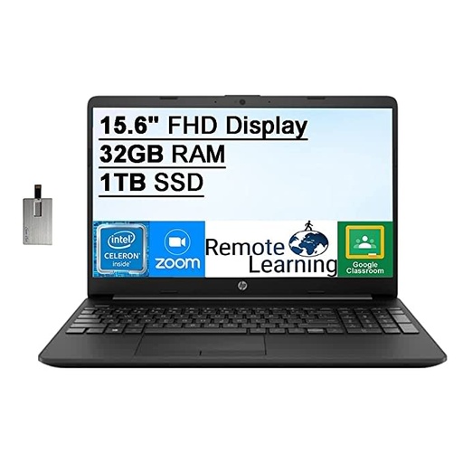 2021 HP 15.6" FHD IPS Laptop Computer, Intel Celeron N4020 Processor, 32GB DDR4 RAM, 1TB SSD, Intel UHD Graphics 600, Dual Speakers, HD Webcam, HDMI, Bluetooth, Win10S, Black, 32GB SnowBell USB Card