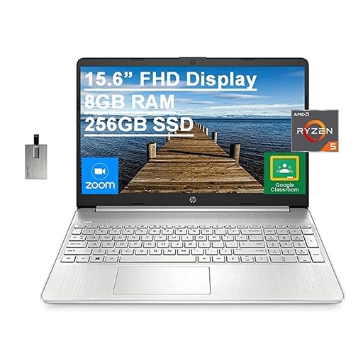 2021 HP 15.6" FHD Laptop Computer, AMD Ryzen 5-5500U Processor(Beats Intel i7-1065G7), 8GB RAM, 256GB PCIe SSD, AMD Radeon Graphics, HD Webcam, HDMI, Bluetooth, Wi-fi, Windows10, Silver, 32GB USB Card