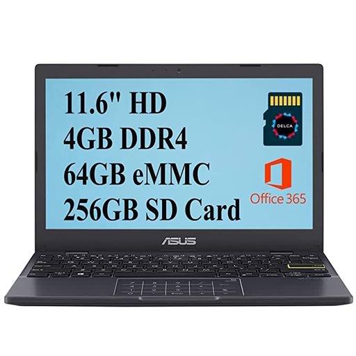 Asus L210 2021 Premium Thin and Light Laptop Computer I 11.6" HD Display I Intel Celeron N4020 I 4GB DDR4 64GB eMMC 256GB SD Card I USB-C HDMI Office 365 Webcam Win 10 + 32GB Micro SD Card