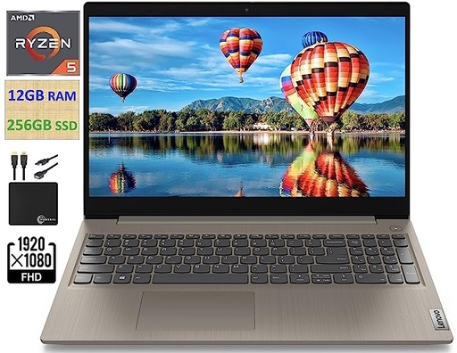 2021 Newest Lenovo IdeaPad 3 15.6" FHD Screen Laptop Computer, Quad-Core AMD Ryzen 5 3500U Up to 3.7GHz (Beats i7-8550U), 12GB DDR4 RAM, 256GB NVMe SSD, Webcam, WiFi, HDMI, Windows 10 + Marxsol Cables