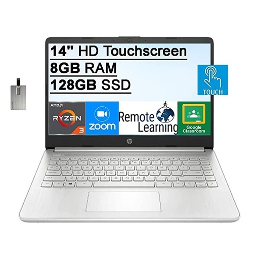 2021 HP 14" HD Touchscreen Laptop Computer, AMD Ryzen 3-3250U Processor, 8GB RAM, 128GB SSD, HD Audio, 720p HD Webcam, AMD Radeon Graphics, Bluetooth, HDMI, Windows 10, Silver, 32GB SnowBell USB Card